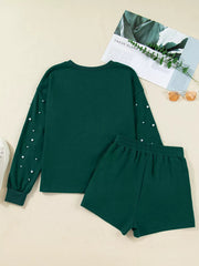 Pearl Embellished Drop Shoulder Pullover Elastic Waist Mini Skirt Set 