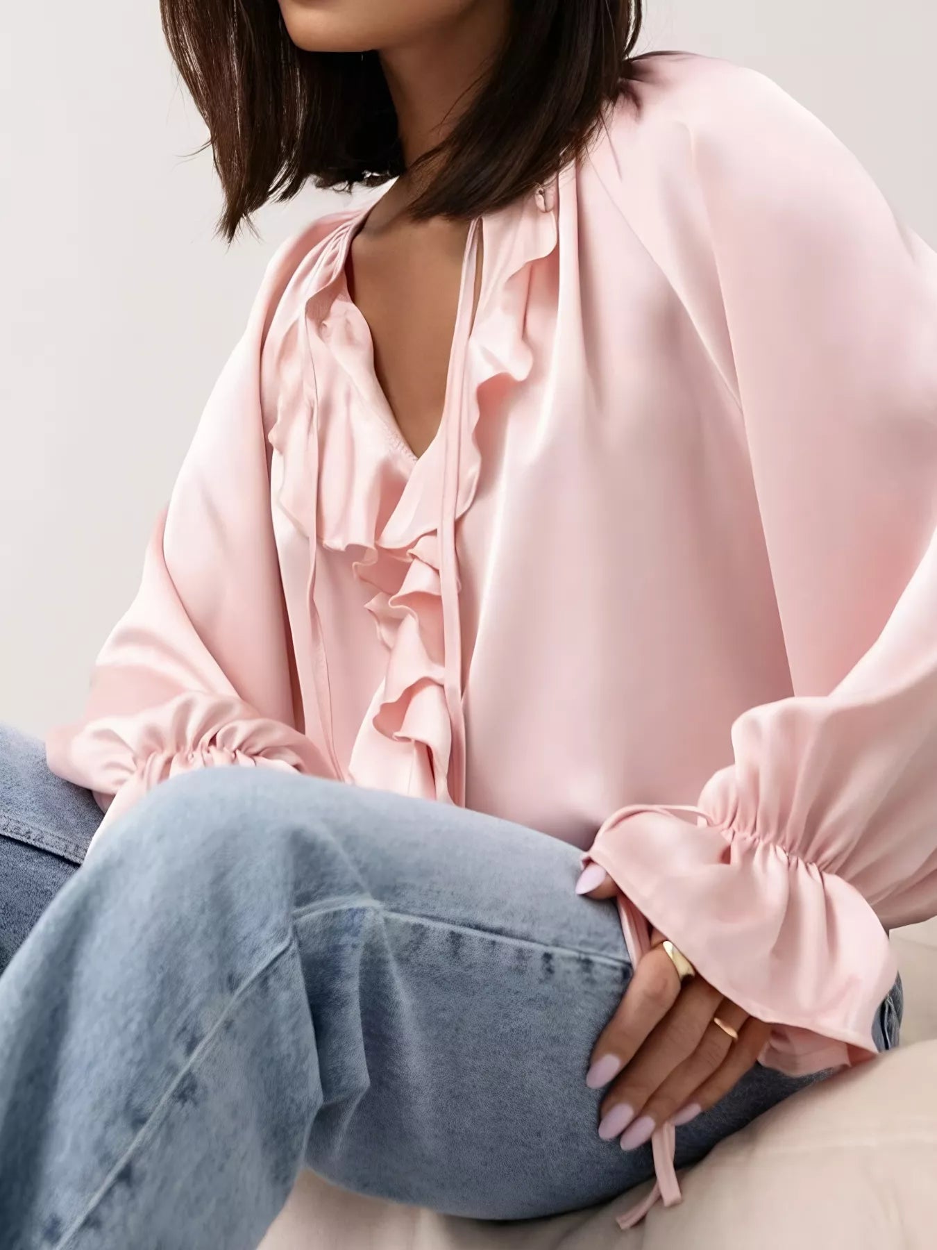 Ruffle Trim Satin Flounce Sleeve Blouse 