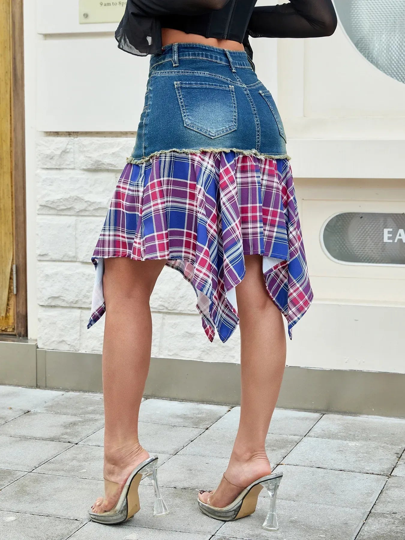Asymmetric Plaid Hem Denim Skirt 