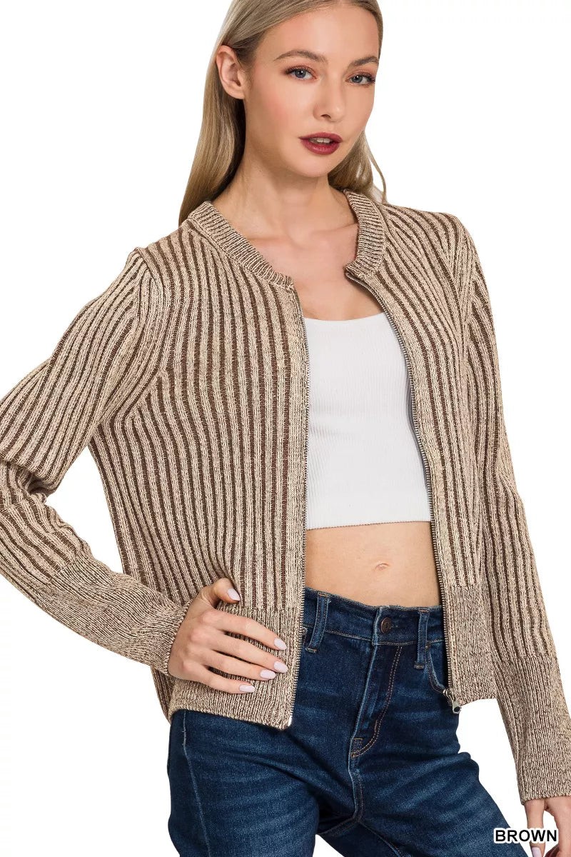 Zenana Ribbed Two Tone Zip Up Sweater Cardigan 