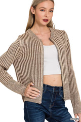 Zenana Ribbed Two Tone Zip Up Sweater Cardigan 