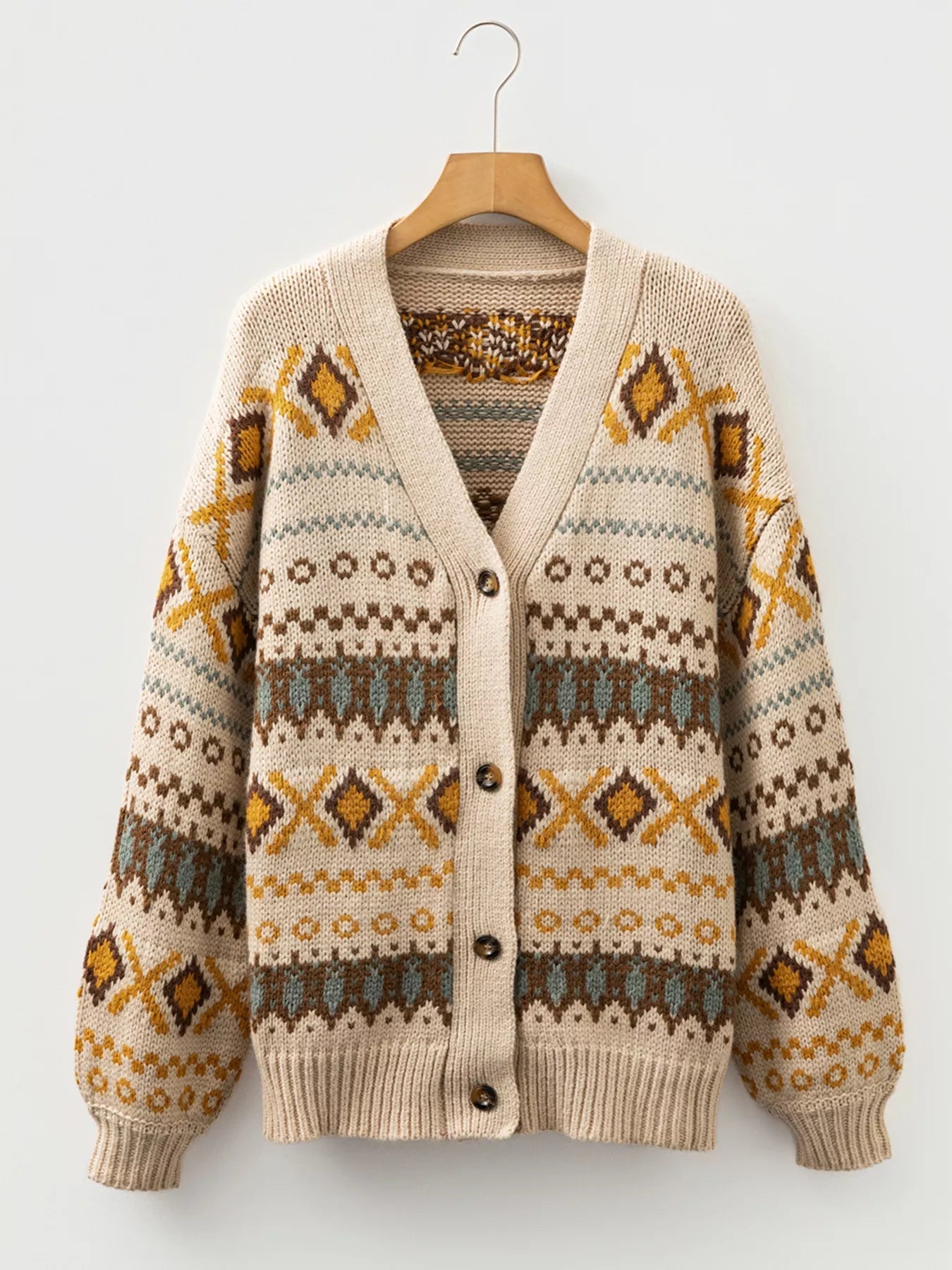 Western Pattern Knitted Button V Neck Cardigan Sweater 