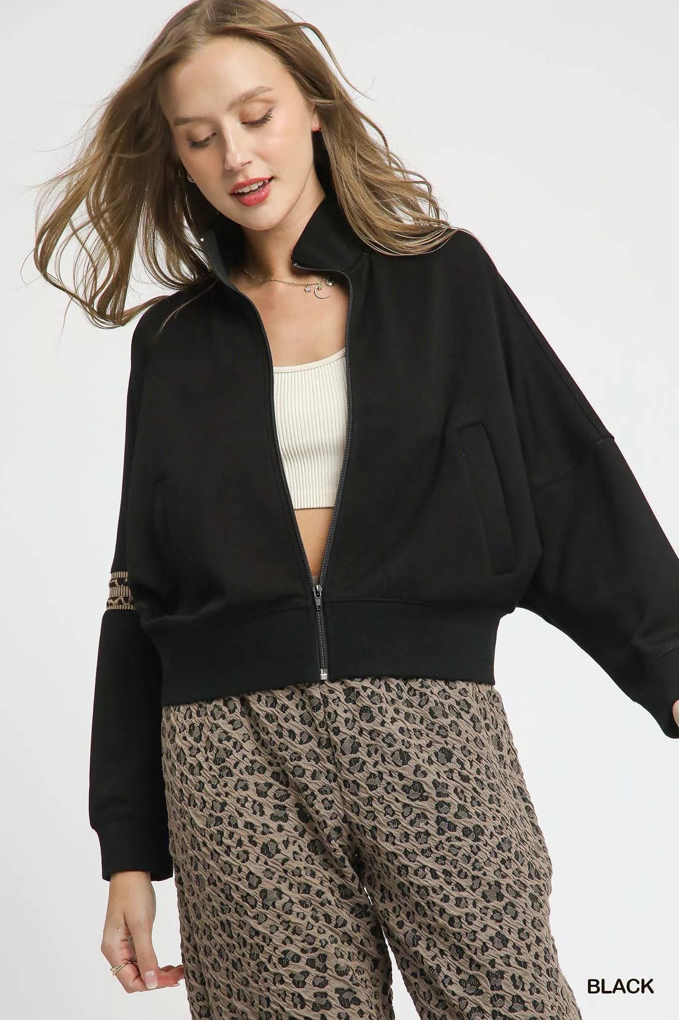 Umgee Zipper Up Cropped Jacket with Leopard Trim 