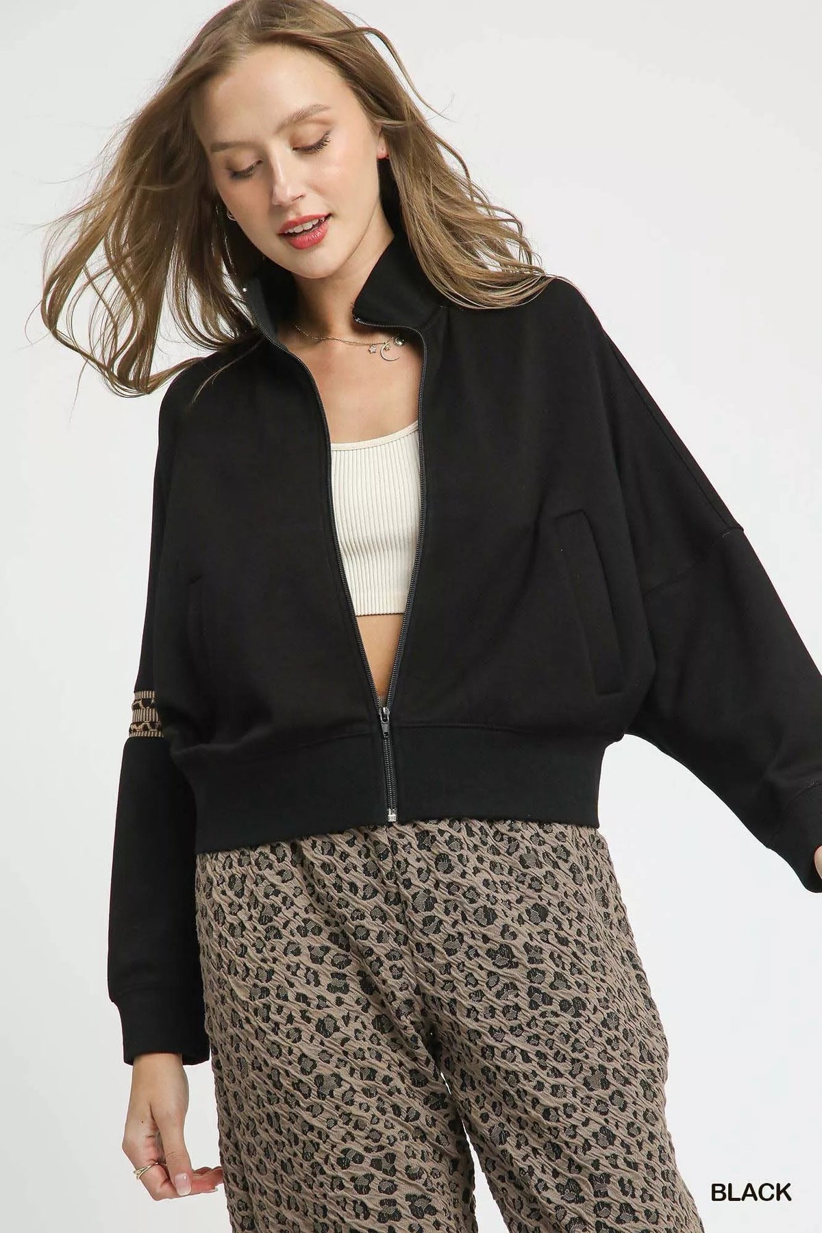 Umgee Zipper Up Cropped Jacket with Leopard Trim 