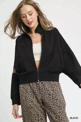 Umgee Zipper Up Cropped Jacket with Leopard Trim 