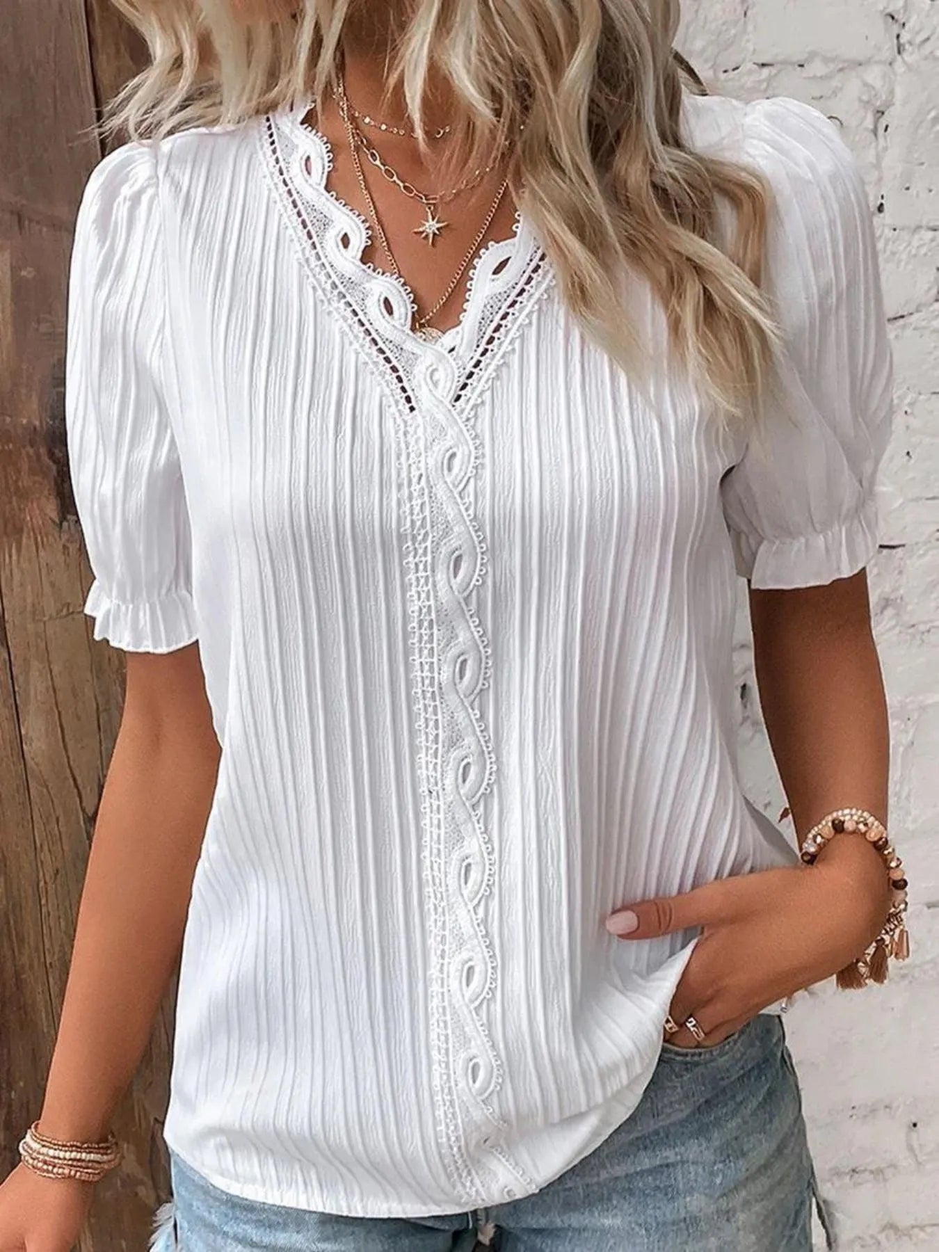 Full Size Lace Detail V-Neck Blouse Plus Size 