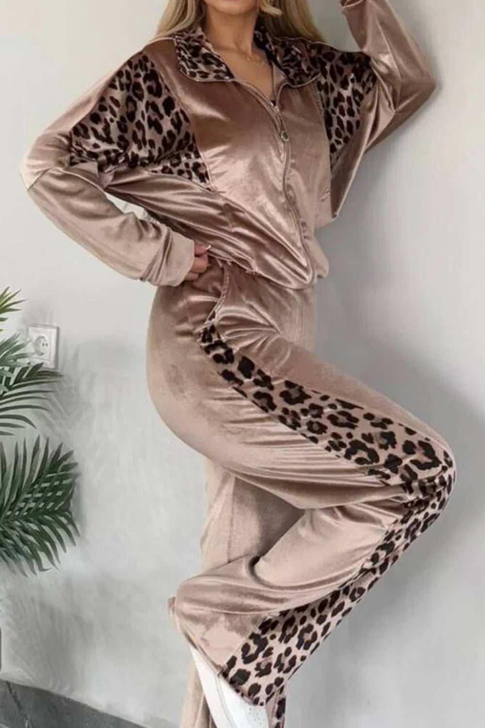 Full Size Collared Neck Leopard Zip Up Top and Pants Set Plus Size 