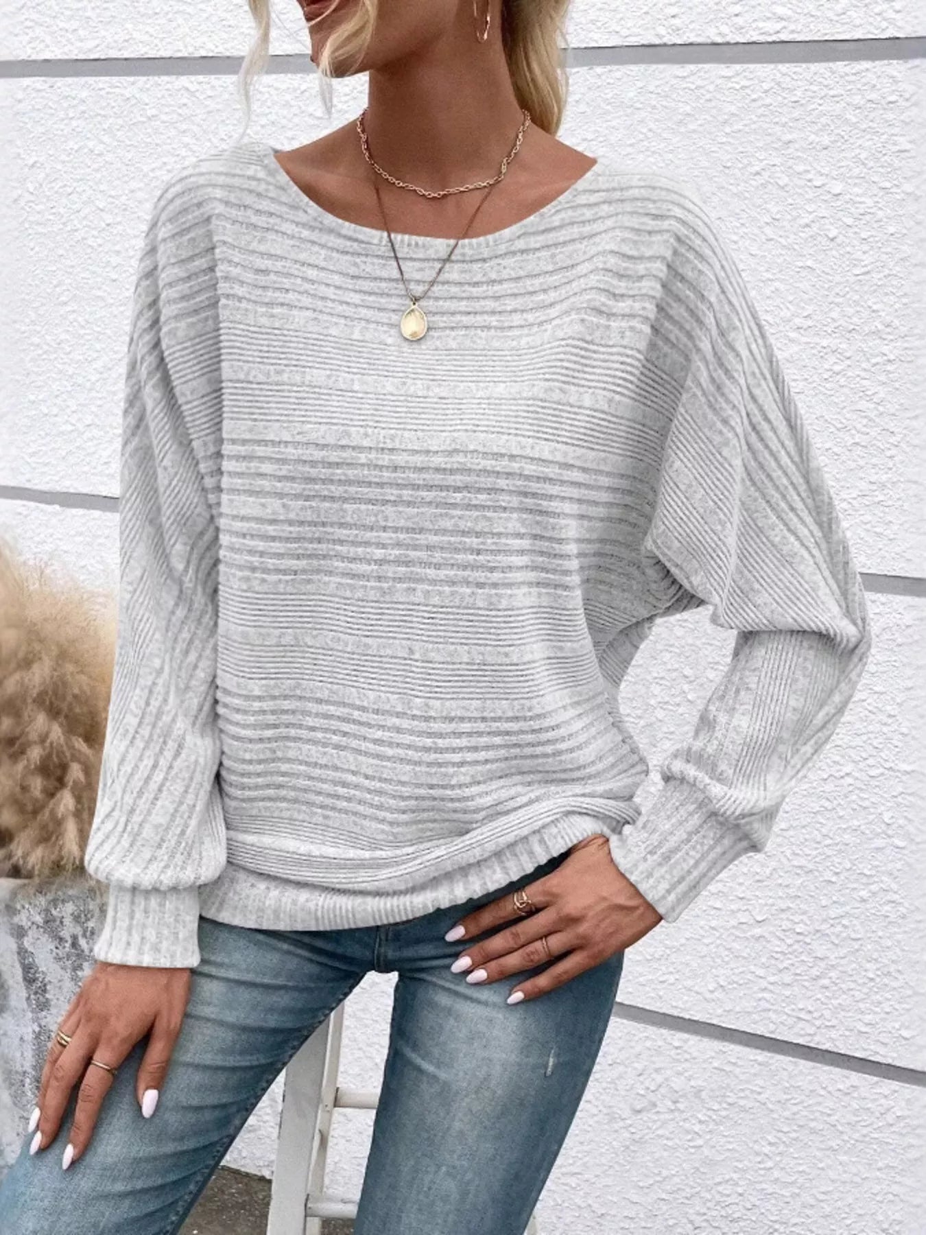 Ribbed Round Neck Long Sleeve Top 