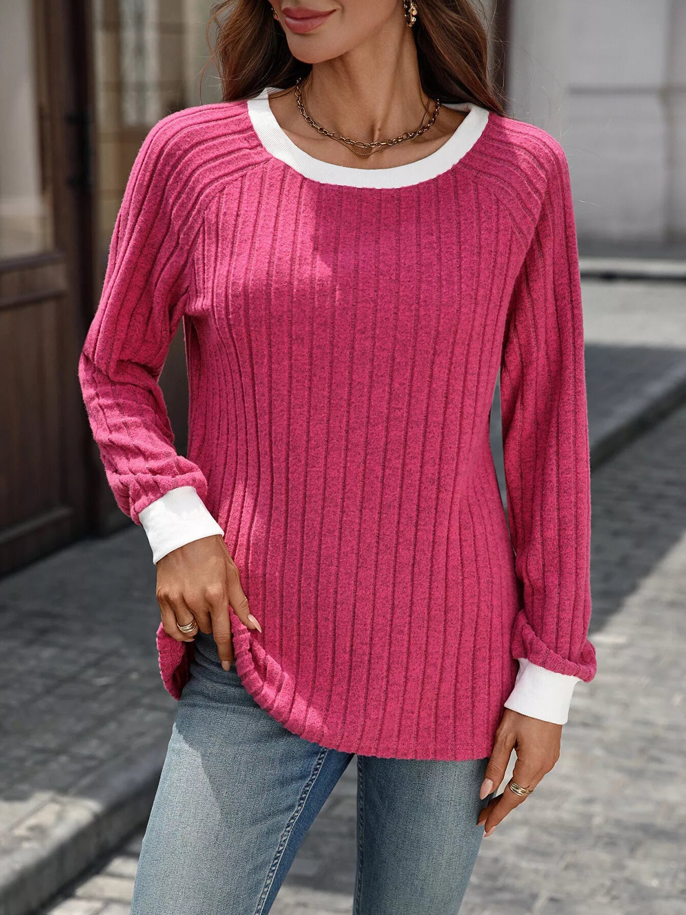 Ribbed Round Neck Raglan Sleeve Knit Top 