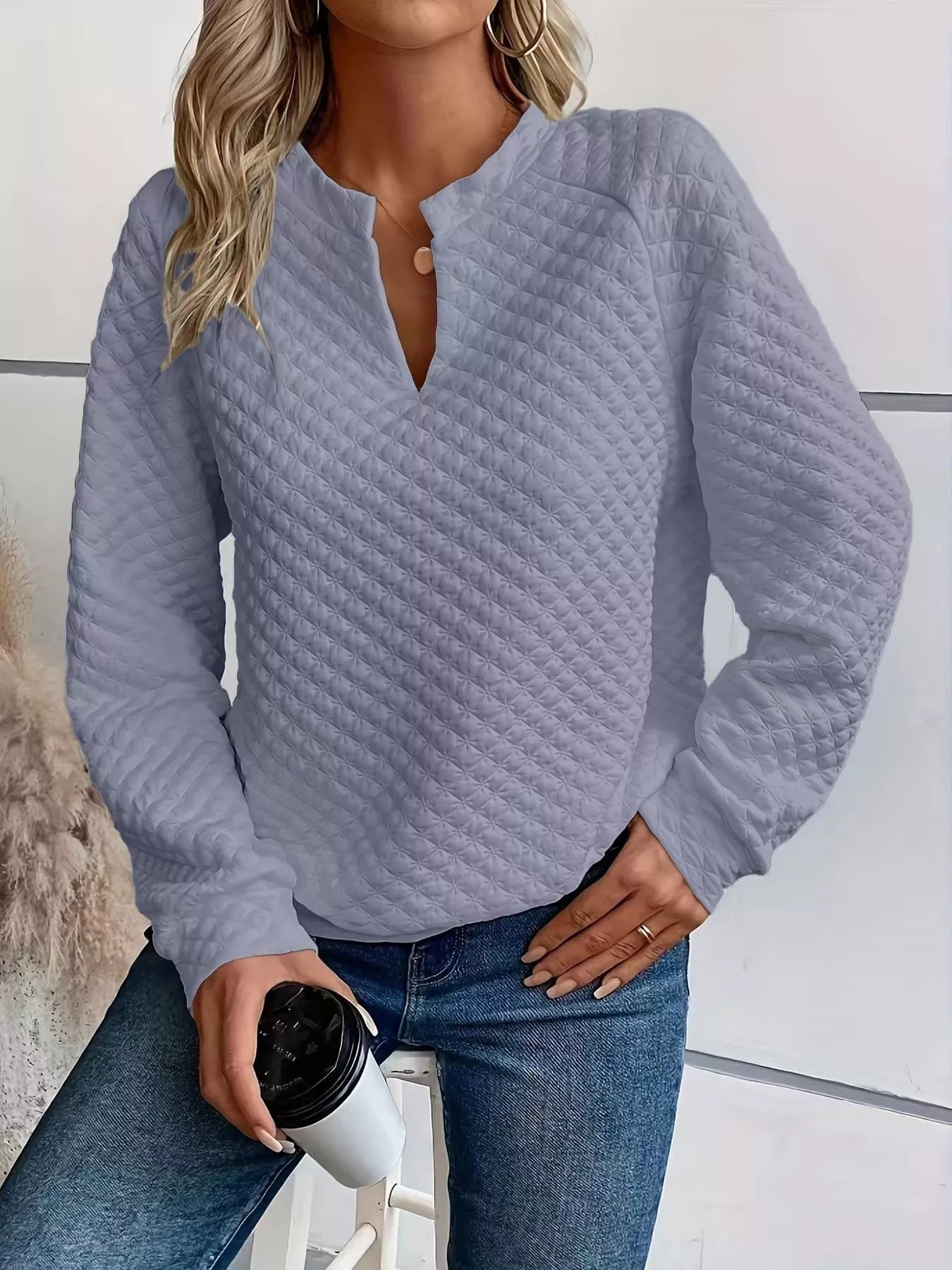 Textured Notched Raglan Sleeve Sweatshirt 