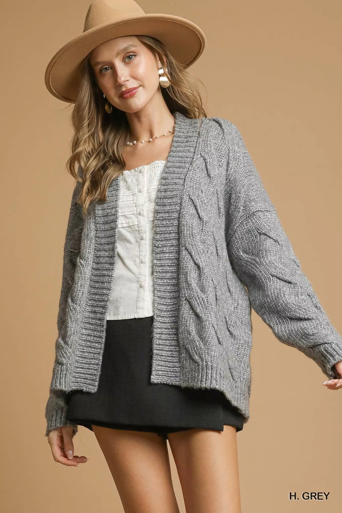Umgee Chunky Cable Knit Open Front Cardigan 
