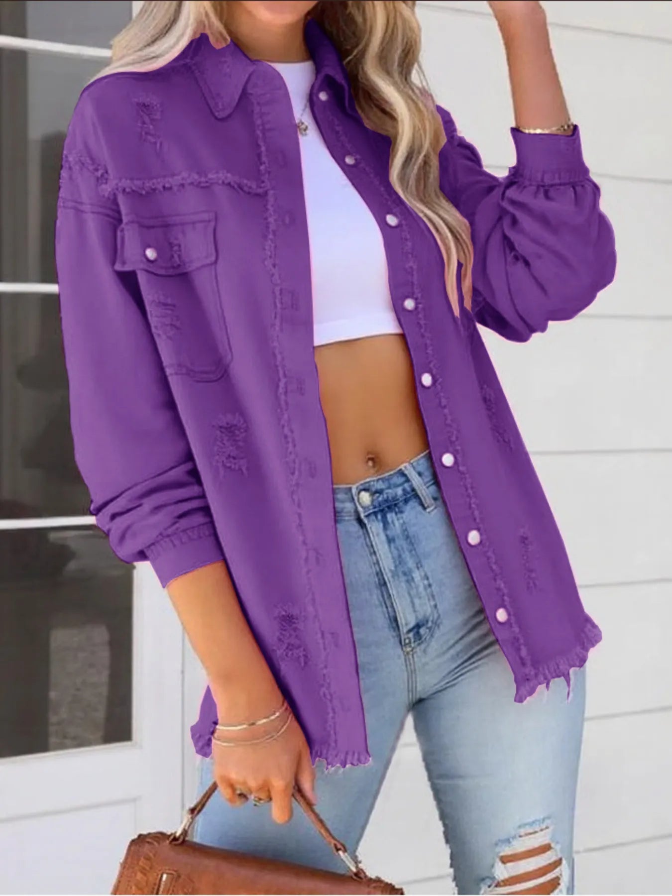 Distressed Denim Jacket with Frayed Edges 
