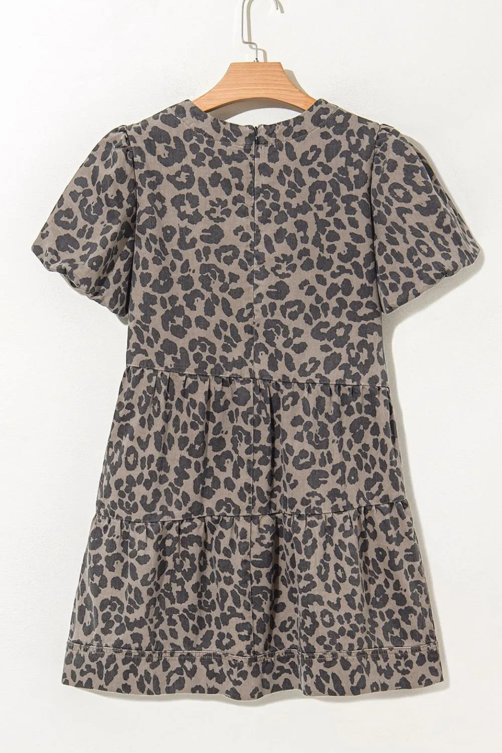 Leopard Round Neck Puff Sleeve Denim Dress 