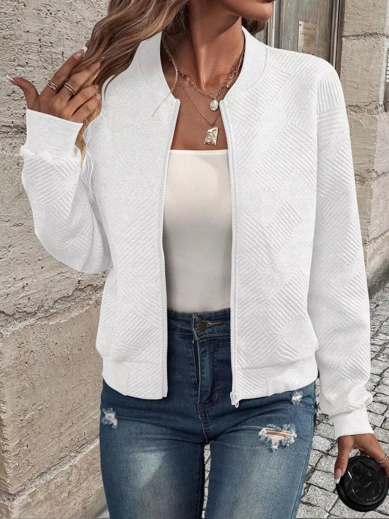 Full Size Zip Up Long Sleeve Textured Jacket Plus Size 