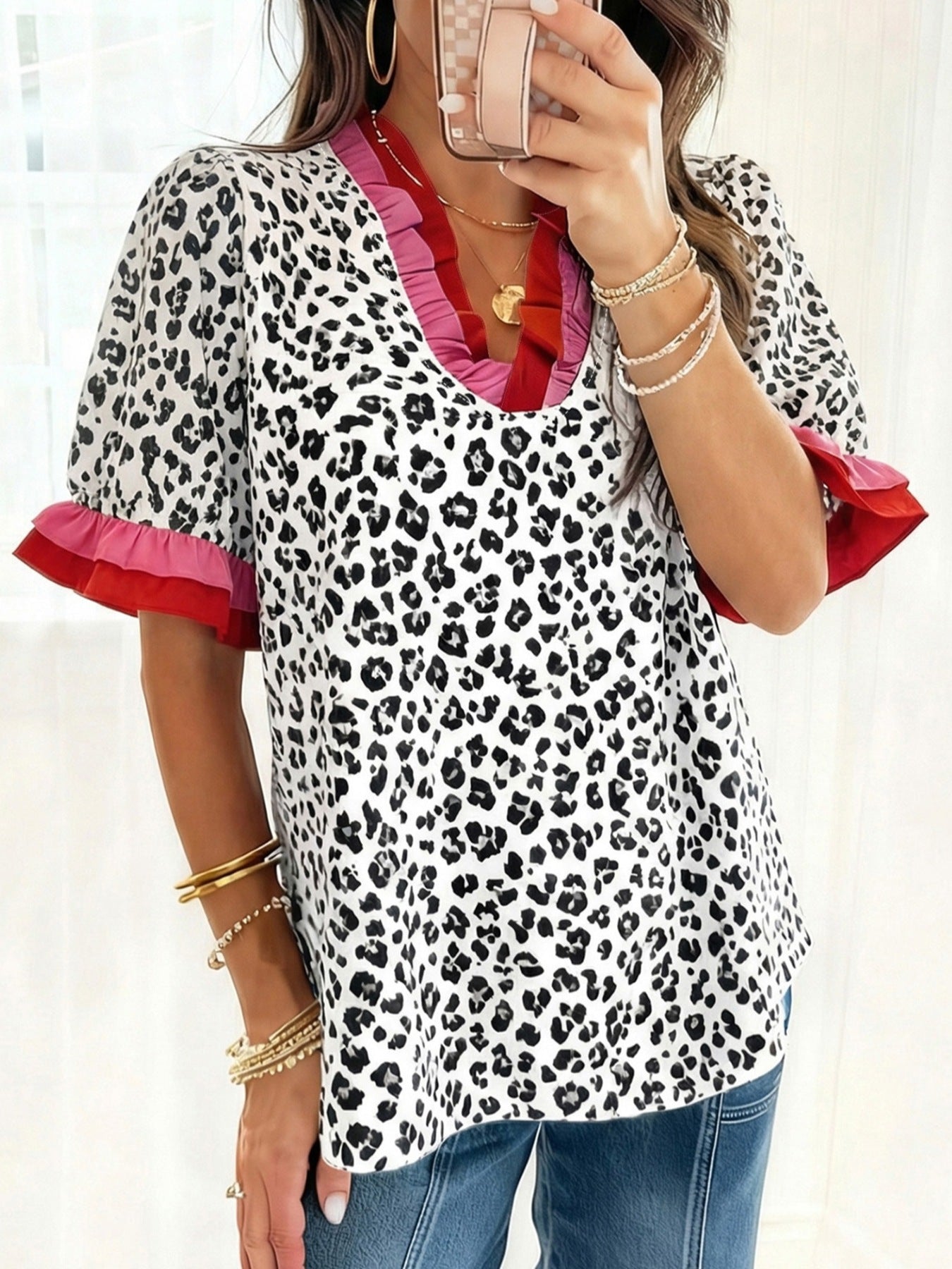 Leopard Print Frill Short Sleeve Blouse 