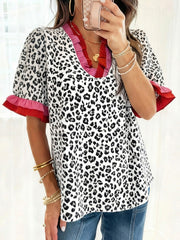 Leopard Print Frill Short Sleeve Blouse 