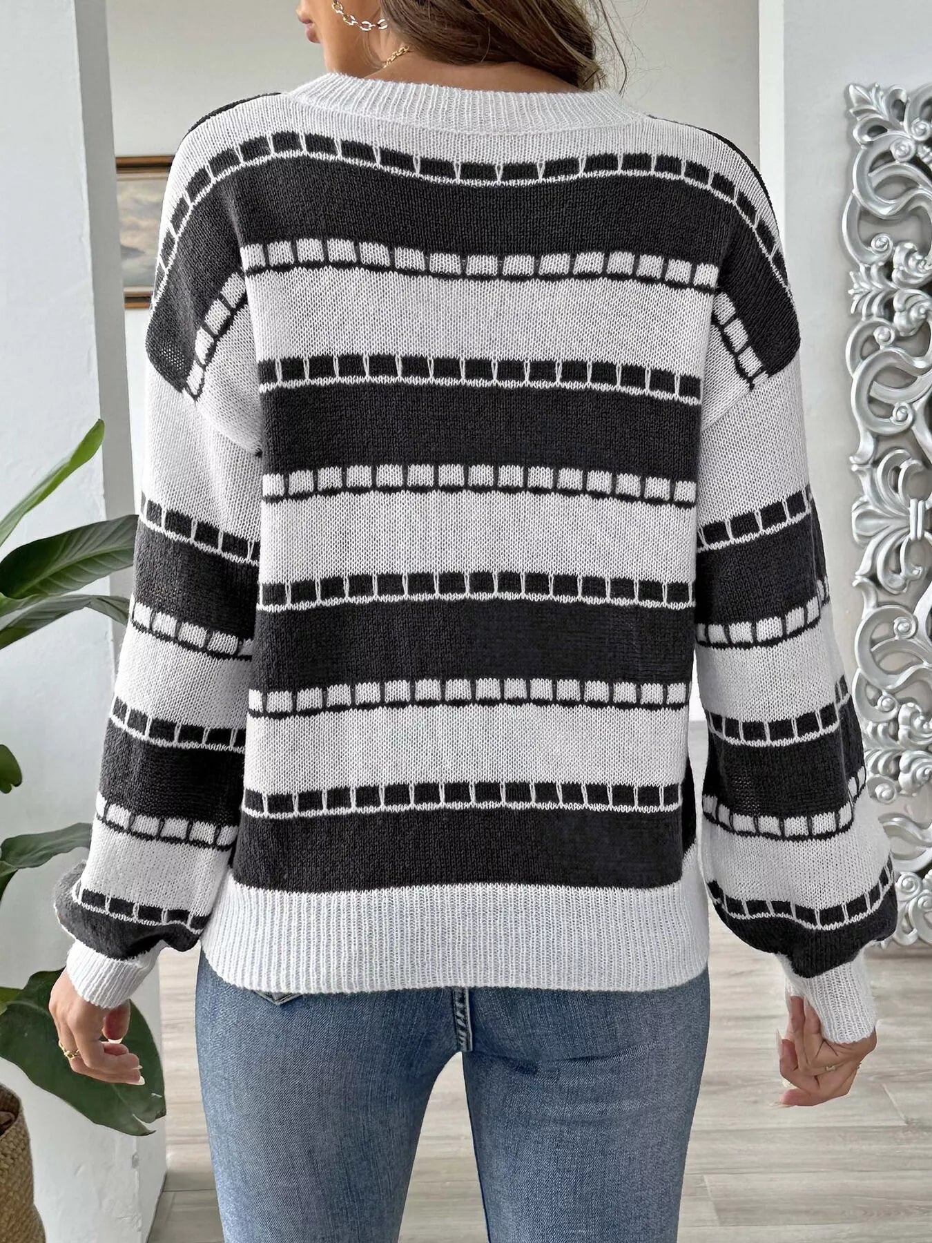 Striped Knit Dropped Shoulder Sweater 