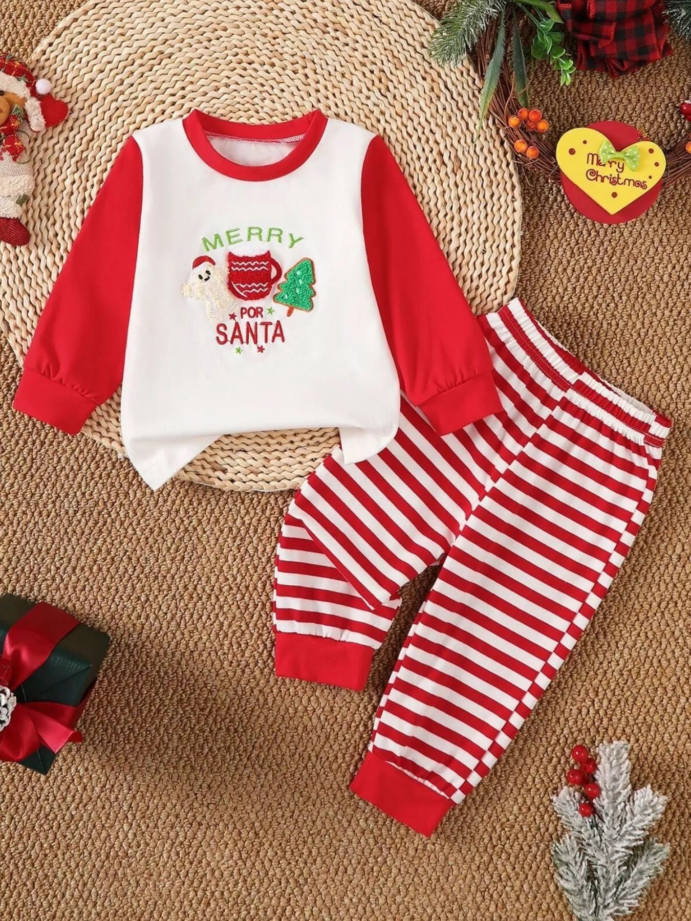 Children's Christmas Reindeer Striped Pajama Set 