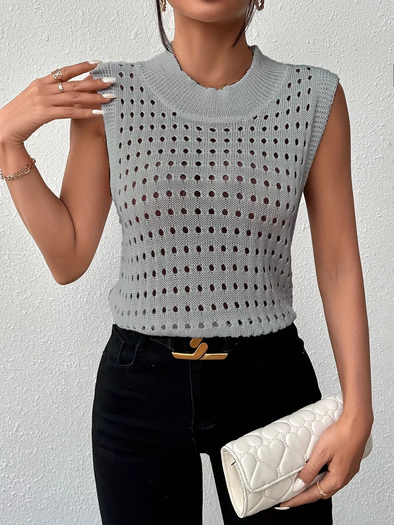 Hollow Out Round Neck Knit Tank 