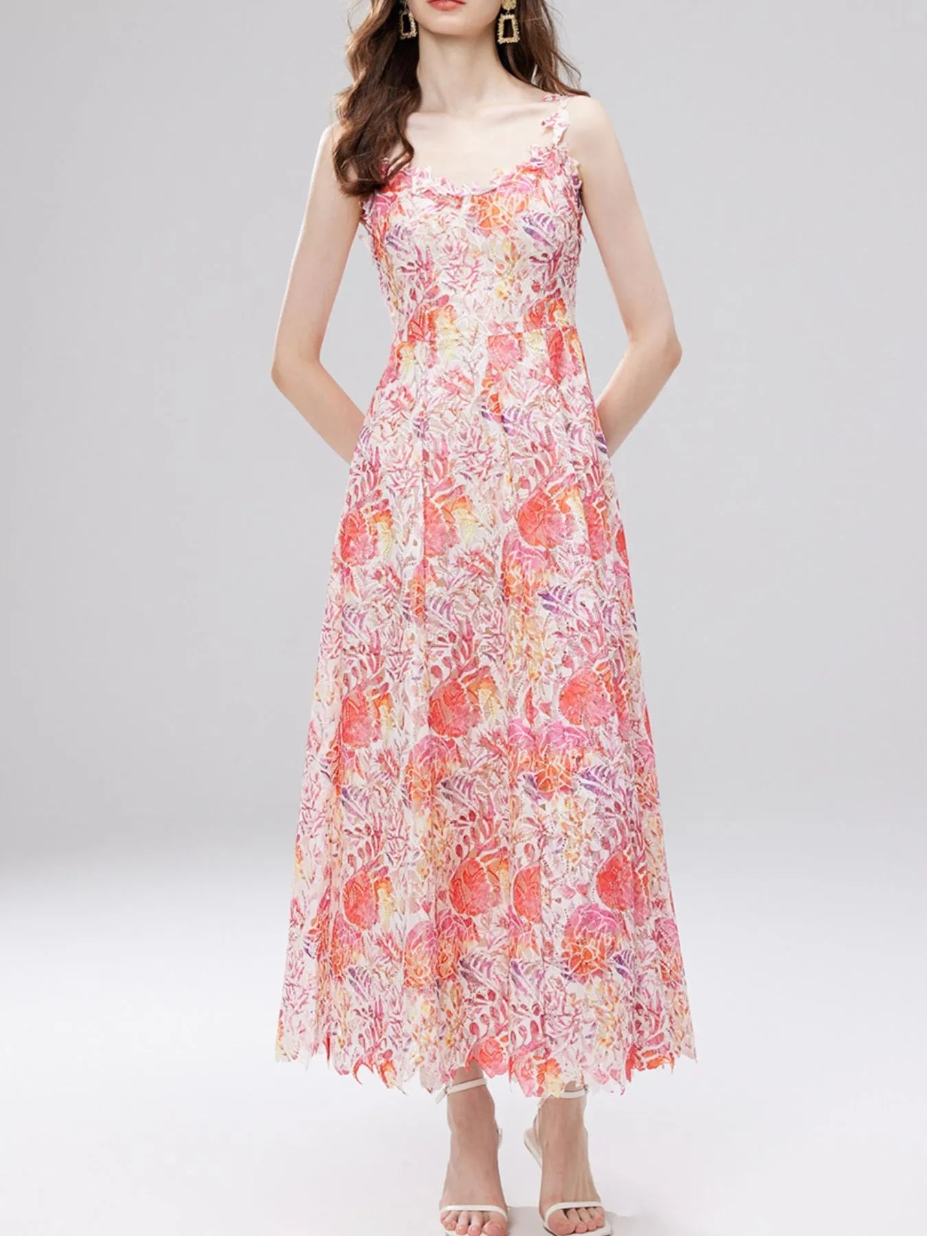 Floral Lace Sleeveless V-Neck Midi Dress 