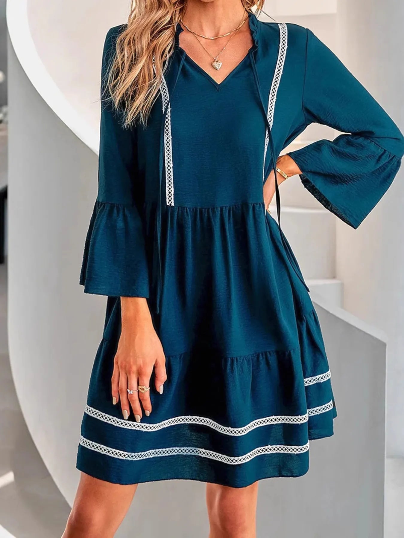 Tie-Neck Long Sleeve Mini Dress with Trim Detail 