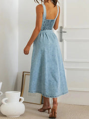 Sweetheart Neck Button-Front Midi Denim Dress 
