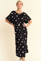 Davi & Dani Polka Dot Puff Sleeves Waist Tie Midi Dress 
