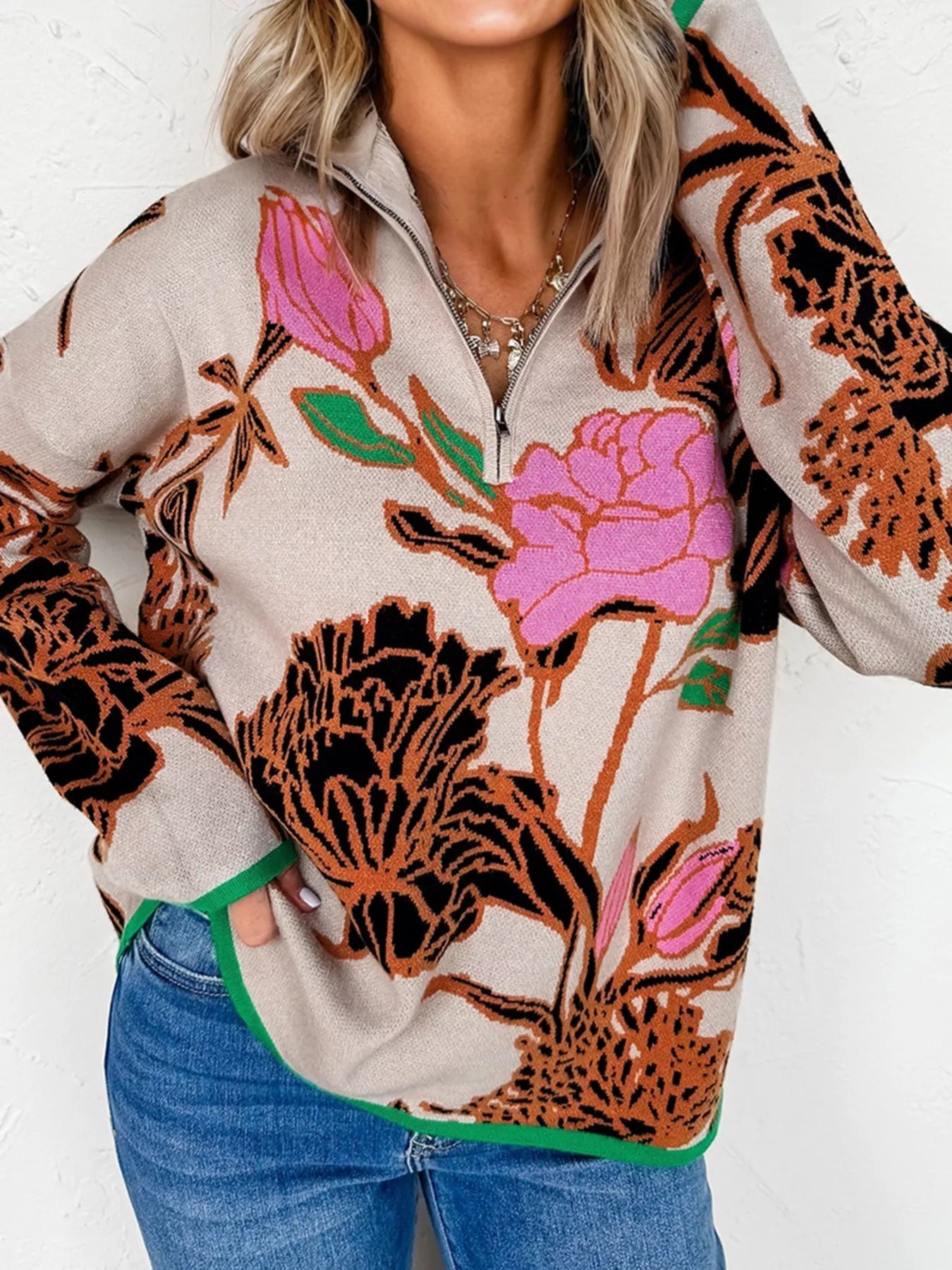 Floral Pattern Knit Quarter Zip Stand Neck Sweater 