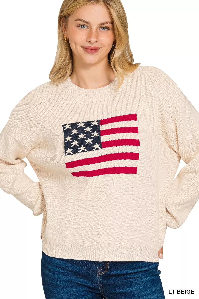 Zenana American Flag Crew Neck Sweater 