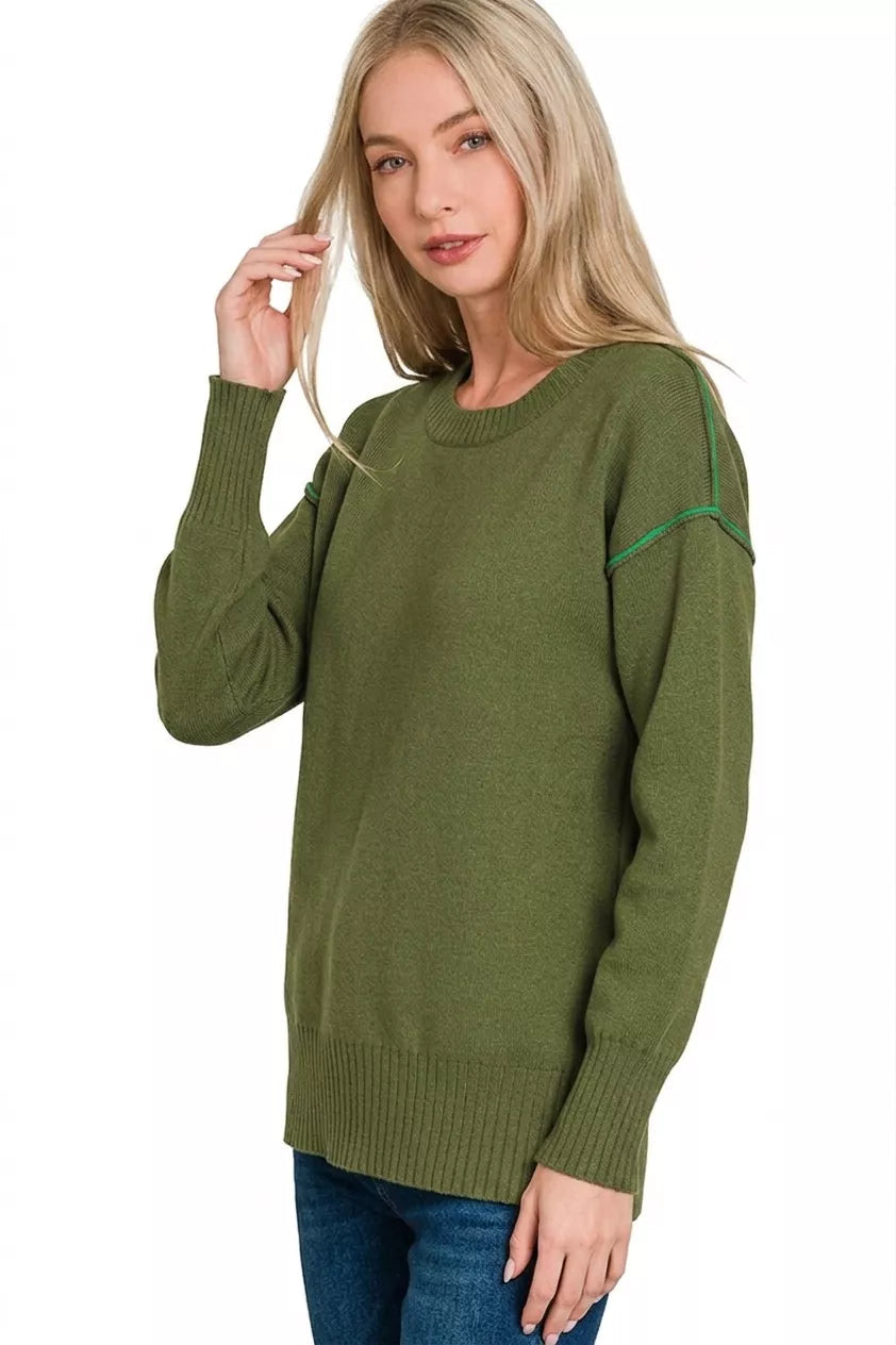 Zenana Round Neck Contrast Trim Sweater 