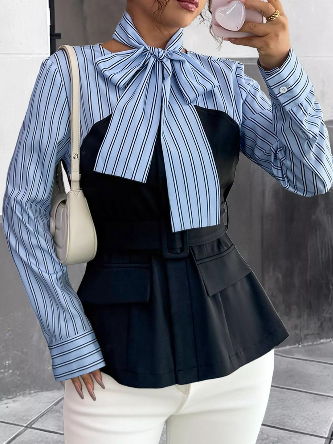 Striped Long Sleeve Blouse with Bow Tie 