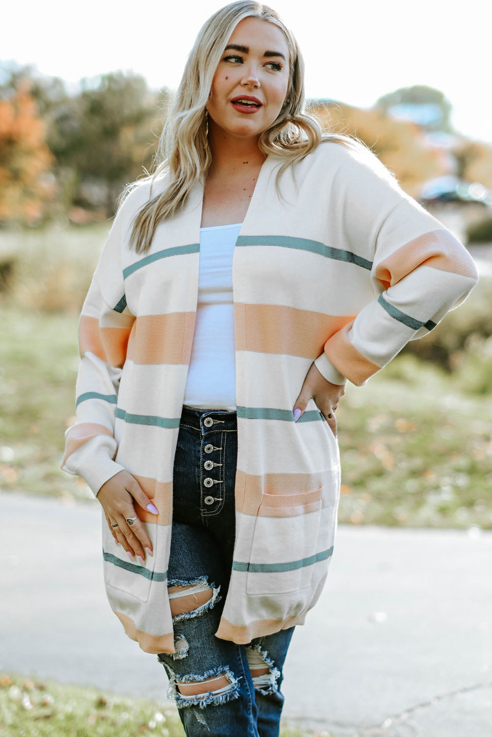 Plus Size Striped Open Front Cardigan 