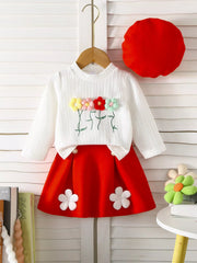 Children's Floral Applique Ribbed Knit Top & Pleated Skirt Set with Hat 