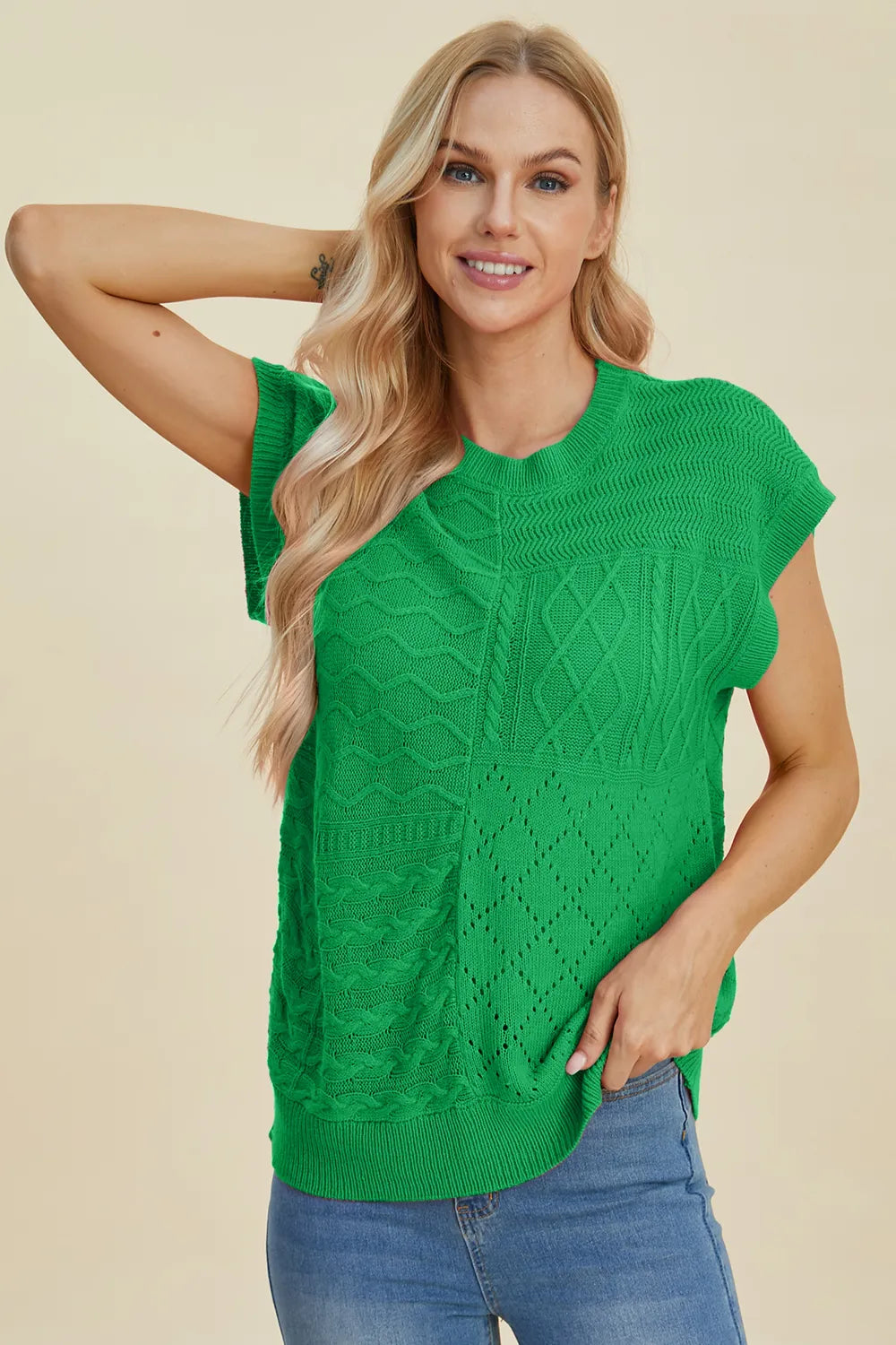 Double Take Full Size Cable-Knit Round Neck Cap Sleeve Sweater 