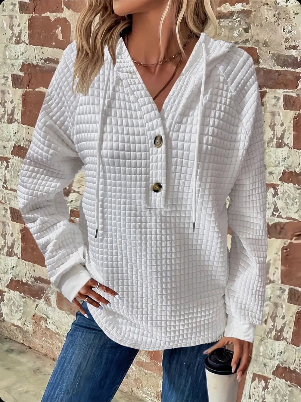 Full Size Texture Button Detail Drawstring Long Sleeve Hoodie 