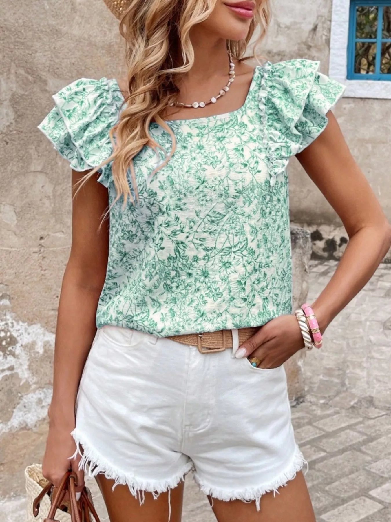 Floral Print Ruffle Trim Blouse 