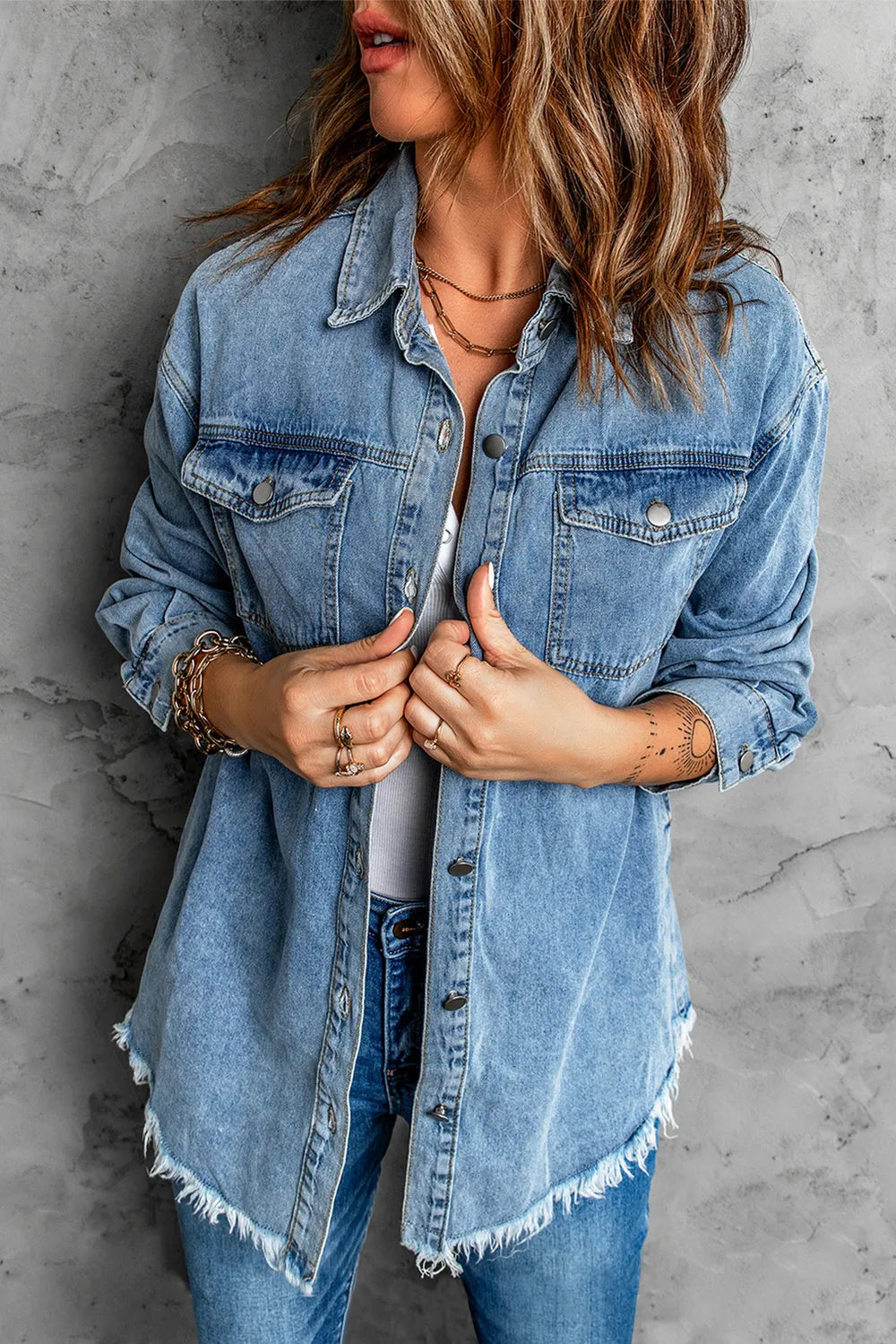 Button Up Pocketed Raw Hem Denim Jacket 