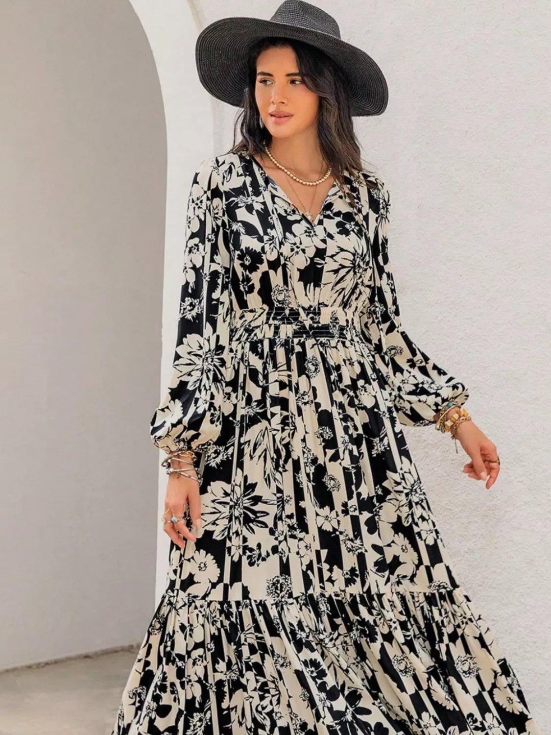 Plus Size Floral Print Balloon Sleeve Maxi Dress 