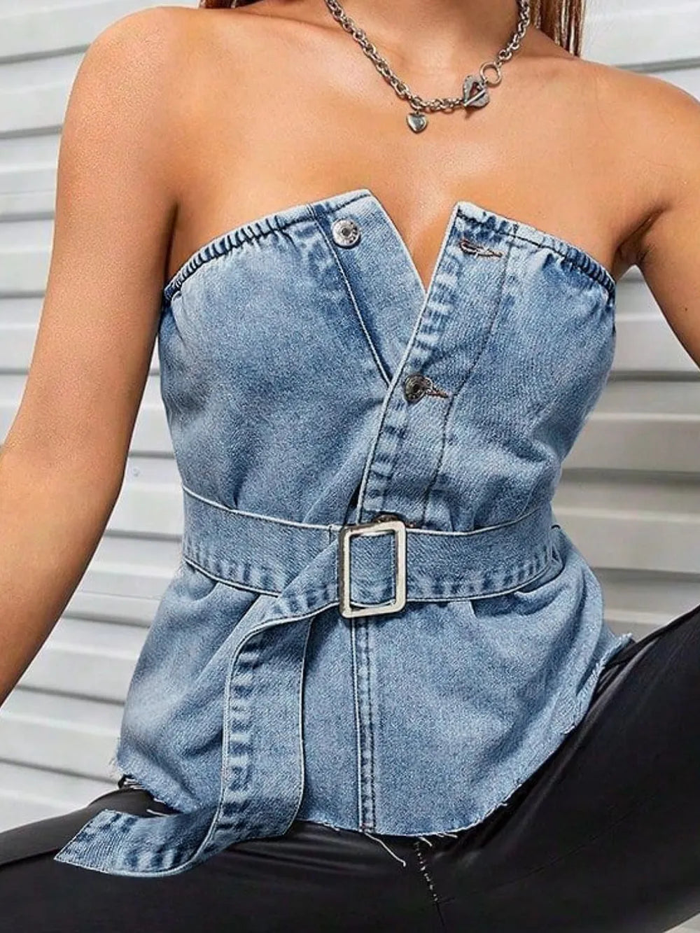 Frayed Hem Button Detail Tube Top 