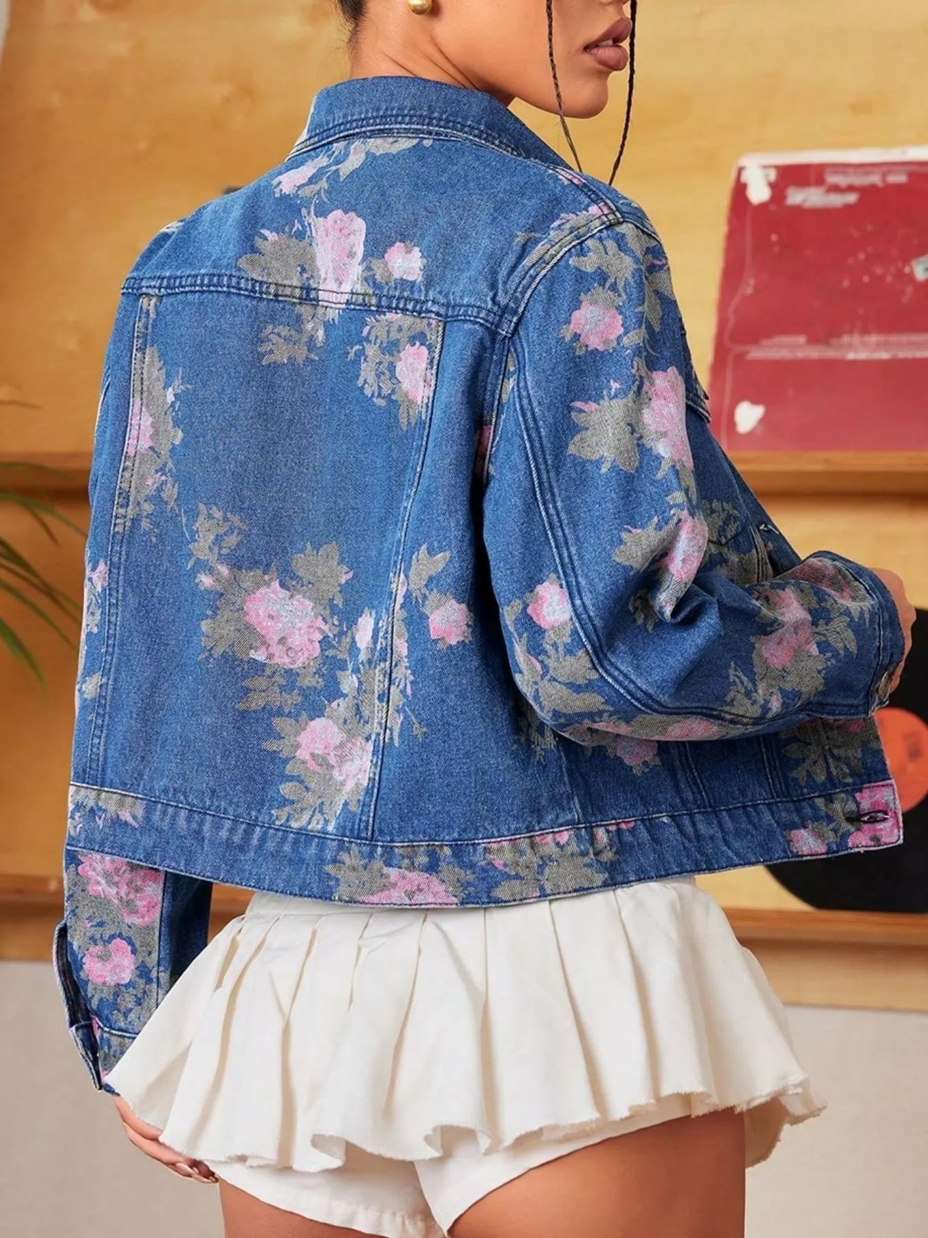 Floral Print Cropped Denim Jacket 