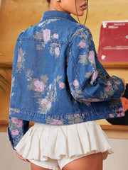 Floral Print Cropped Denim Jacket 