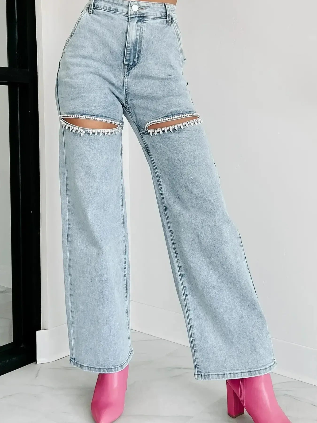 High Waist Cut-Out Wide Leg Jeans 