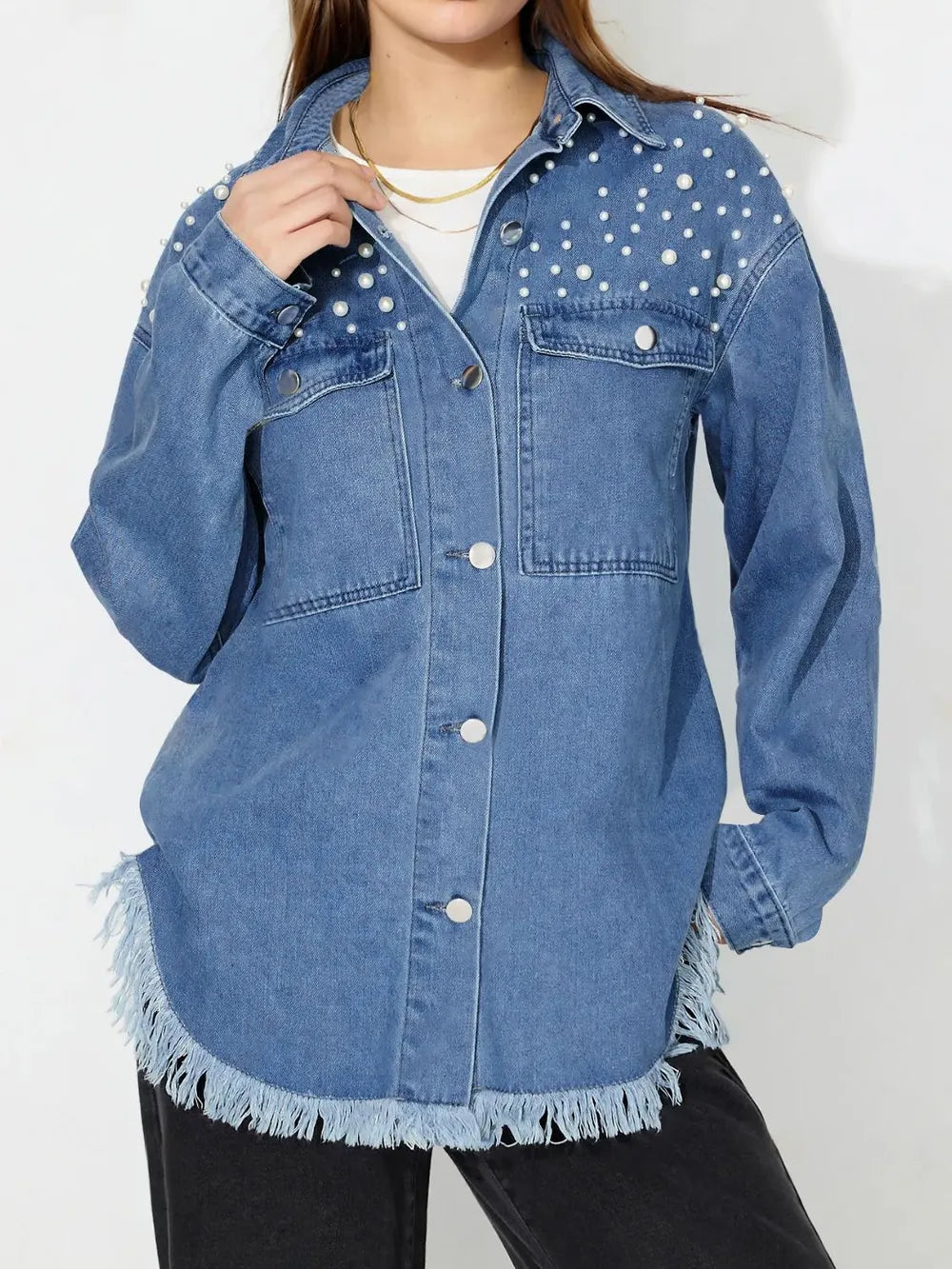 Raw Hem Pearl Trim Collared Neck Denim Top 