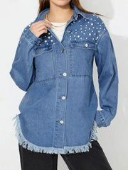 Raw Hem Pearl Trim Collared Neck Denim Top 