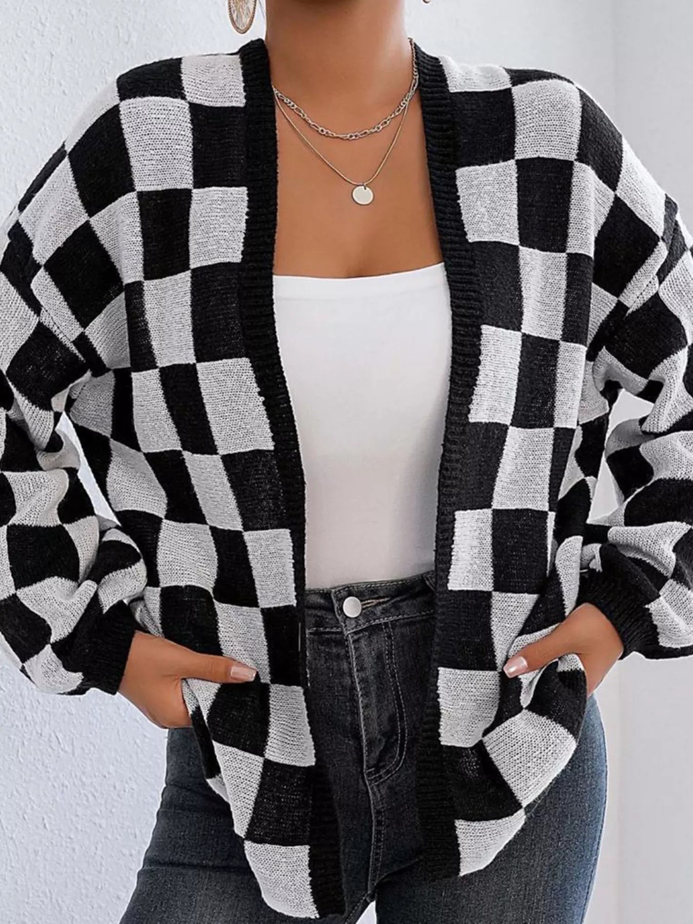 Checkerboard Pattern Open Front Knit Cardigan 