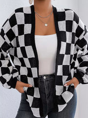 Checkerboard Pattern Open Front Knit Cardigan 