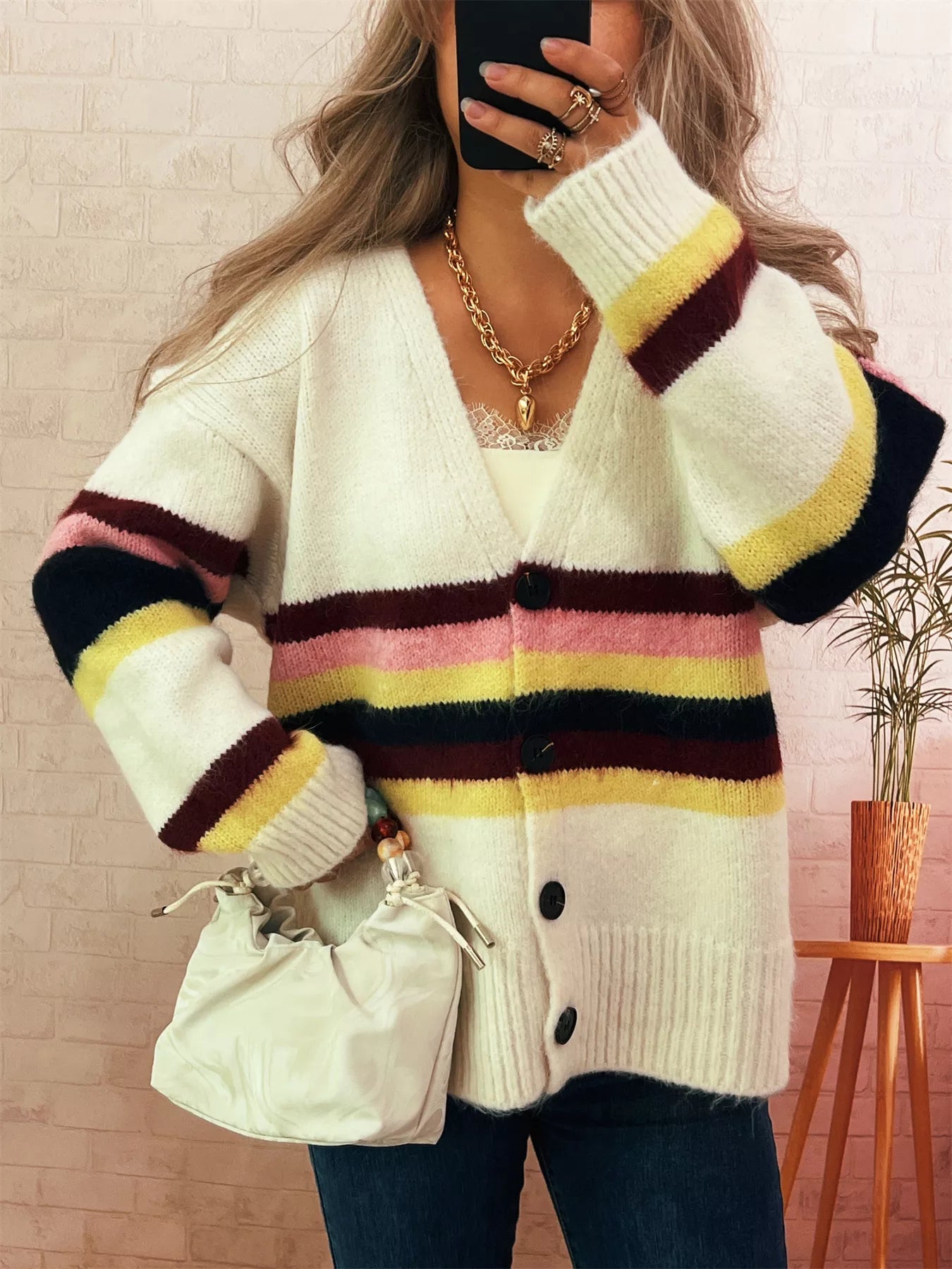 Ribbed Striped Button Down Cardigan 