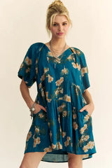 Davi & Dani Floral Print Short Bell Sleeve Pleated Mini Dress 