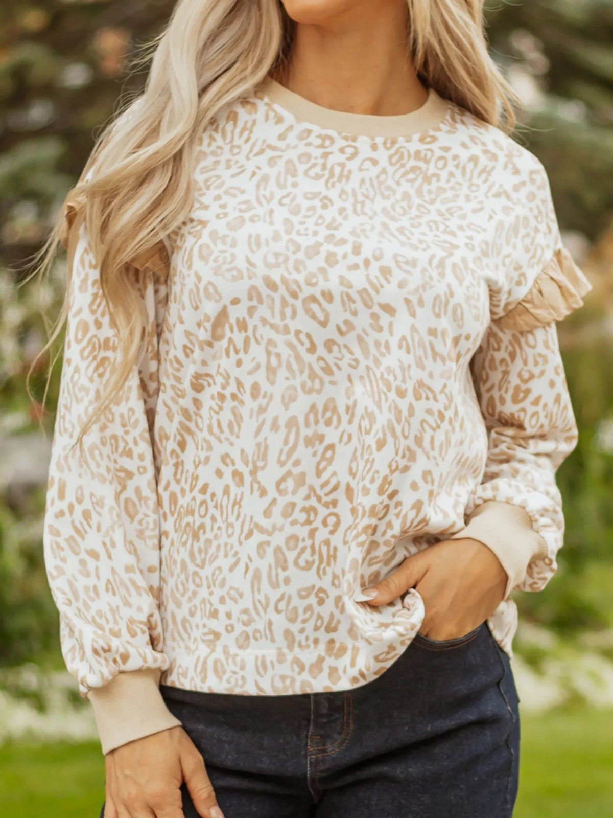 Leopard Ruffle Detail Ribbed Trim Round Neck Sweatshirt 