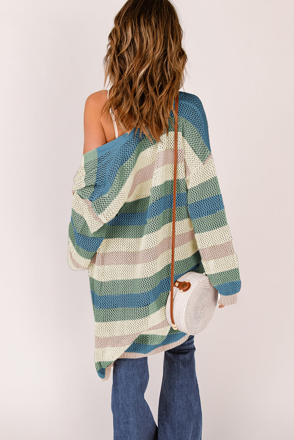 Full Size Striped Long Sleeve Openwork Cardigan 